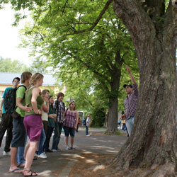 Sch&uuml;lerInnen und Studierdende beim Kennenlernen auf dem Schulhof